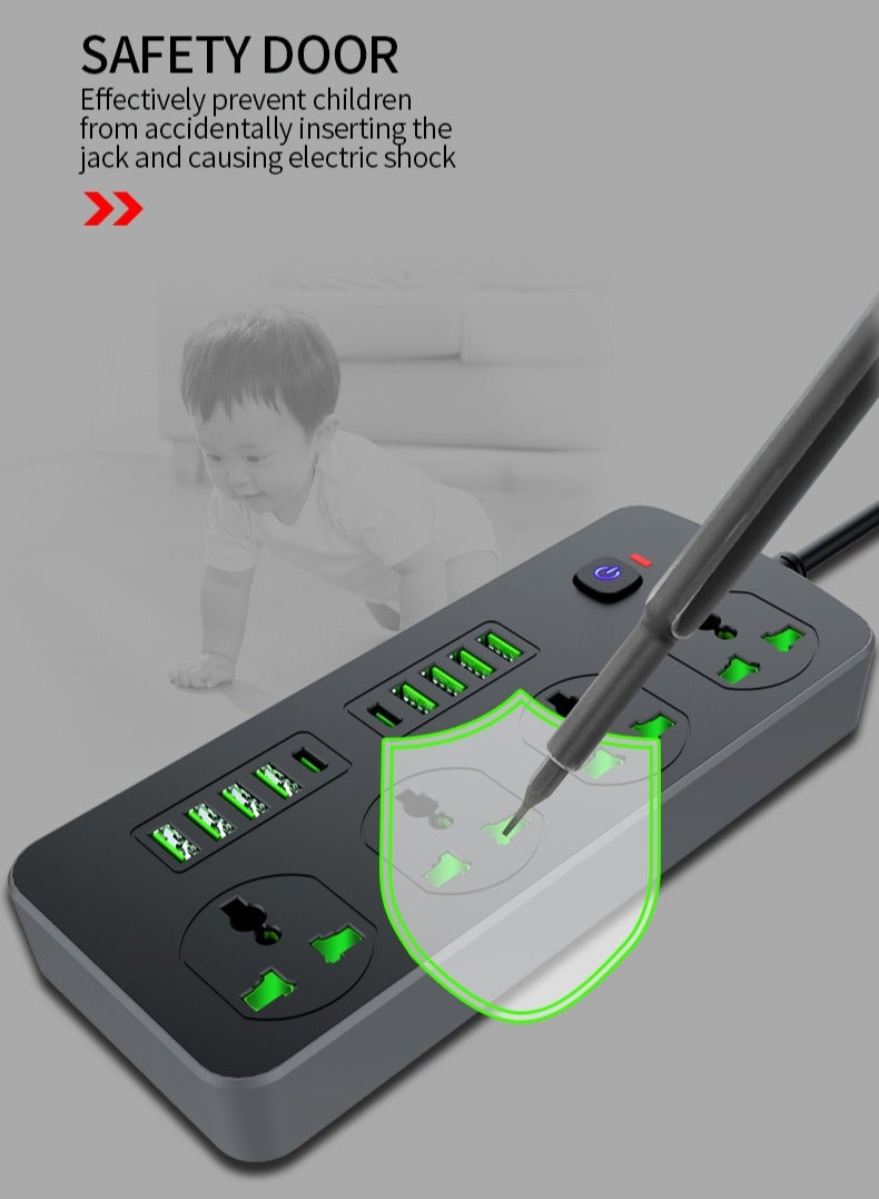 Sky View Surge Protector Power Strip-Flat Plug Extension Cord With 4 Outlets And 8 USB Ports And 2 Type-C Ports,2M Power Cord(3000W/16A/110V-265V)PC Flame Retardant Material,Pure Copper Core - Image 4