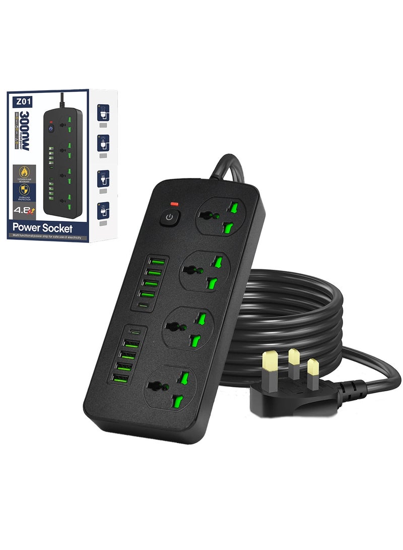 Sky View Surge Protector Power Strip-Flat Plug Extension Cord With 4 Outlets And 8 USB Ports And 2 Type-C Ports,2M Power Cord(3000W/16A/110V-265V)PC Flame Retardant Material,Pure Copper Core - Image 1