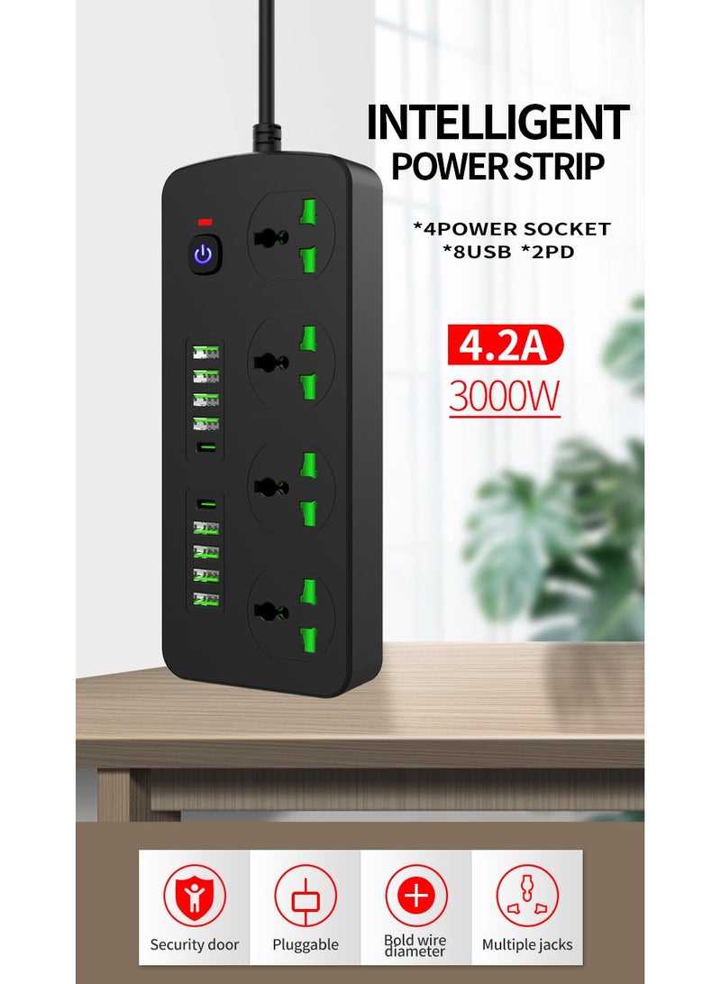 Sky View Surge Protector Power Strip-Flat Plug Extension Cord With 4 Outlets And 8 USB Ports And 2 Type-C Ports,2M Power Cord(3000W/16A/110V-265V)PC Flame Retardant Material,Pure Copper Core - Image 2