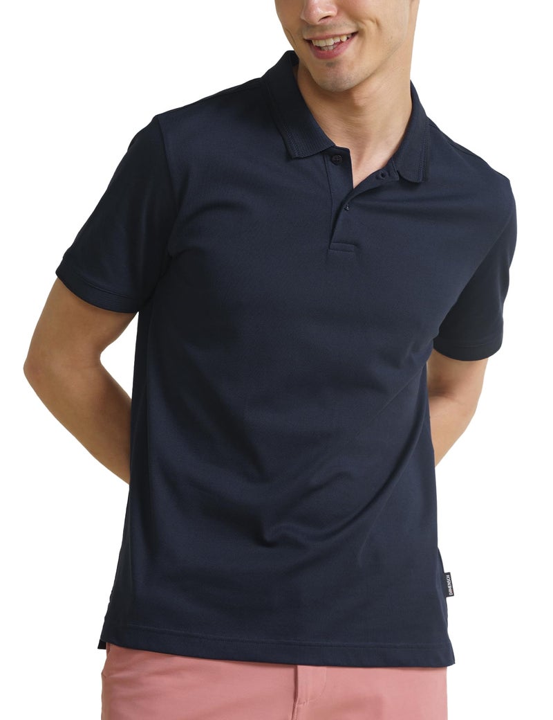 DAMENSCH All-Degree Solid Buttoned Polo T Shirt for Man, Pique Textured, Cotton, Thermoregulating Mens T Shirts with Collar, Recycled Fabric Tshirt Polo-True Navy-L - Image 1