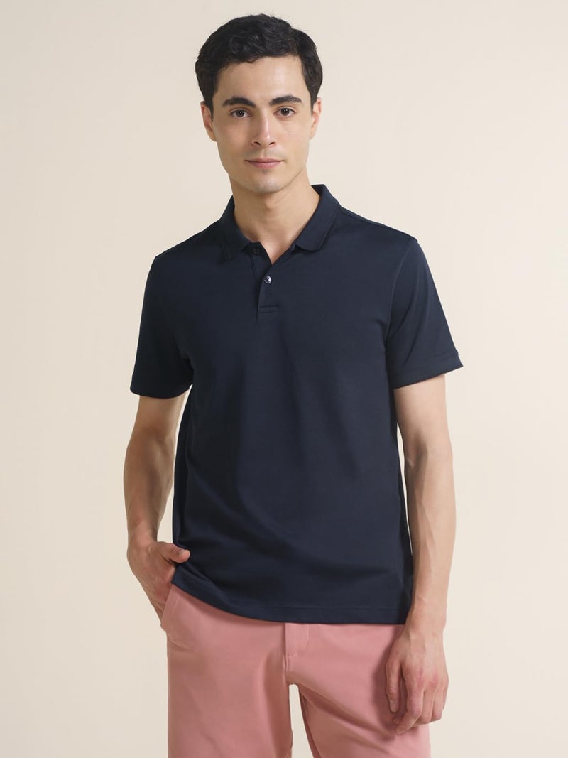 DAMENSCH All-Degree Solid Buttoned Polo T Shirt for Man, Pique Textured, Cotton, Thermoregulating Mens T Shirts with Collar, Recycled Fabric Tshirt Polo-True Navy-L - Image 4