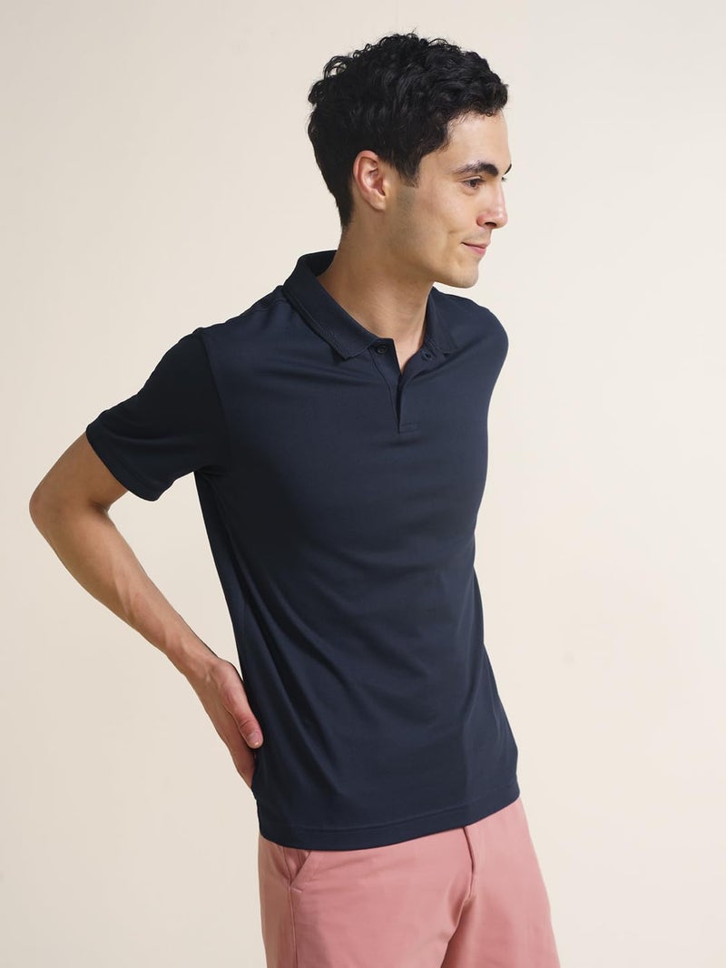 DAMENSCH All-Degree Solid Buttoned Polo T Shirt for Man, Pique Textured, Cotton, Thermoregulating Mens T Shirts with Collar, Recycled Fabric Tshirt Polo-True Navy-L - Image 5