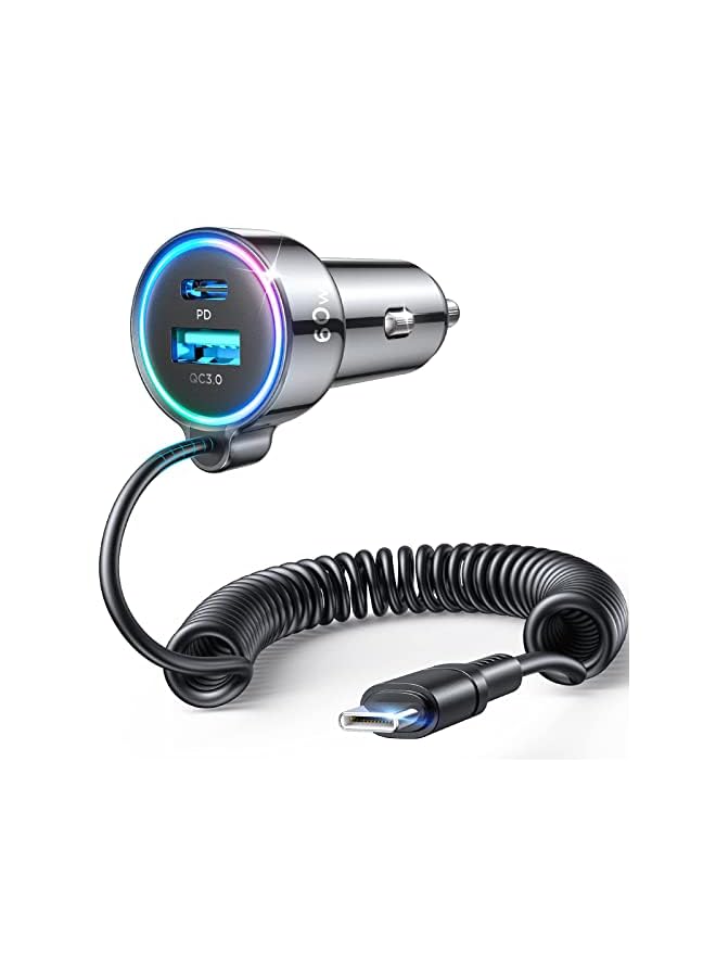 PROMASS C 60W Super Fast Car Charger PD& QC3.0 with 5ft 30W Type C Coiled Cable, Car Charger for Samsung Galaxy S23/S22/S21/Google Pixel/Moto/LG/Android, iPad Pro - Image 2