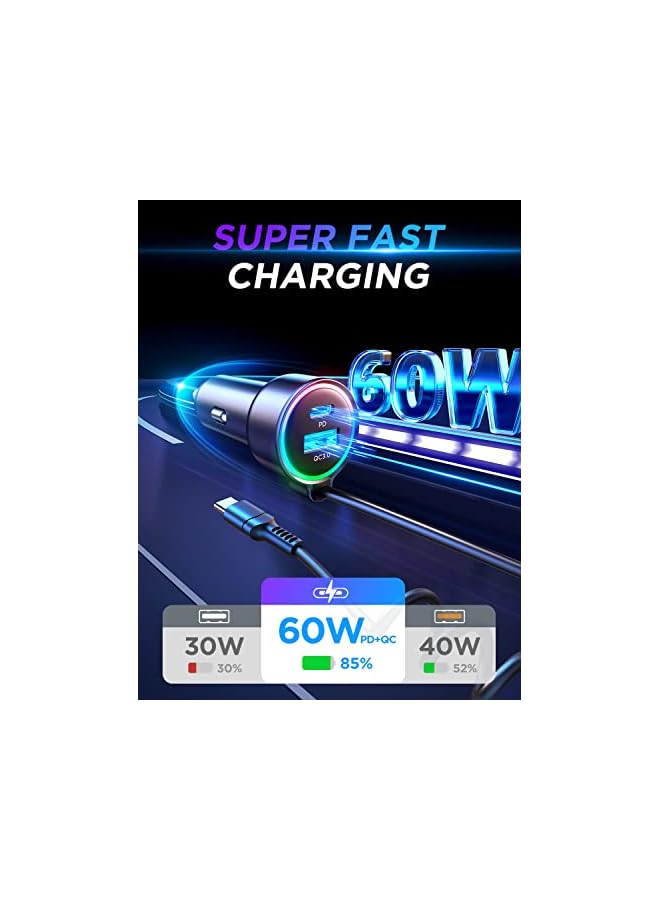 PROMASS C 60W Super Fast Car Charger PD& QC3.0 with 5ft 30W Type C Coiled Cable, Car Charger for Samsung Galaxy S23/S22/S21/Google Pixel/Moto/LG/Android, iPad Pro - Image 3