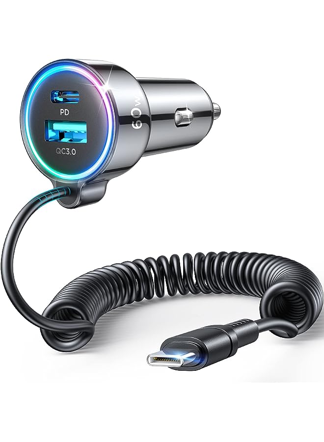 PROMASS C 60W Super Fast Car Charger PD& QC3.0 with 5ft 30W Type C Coiled Cable, Car Charger for Samsung Galaxy S23/S22/S21/Google Pixel/Moto/LG/Android, iPad Pro - Image 1