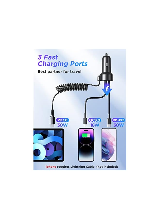 PROMASS C 60W Super Fast Car Charger PD& QC3.0 with 5ft 30W Type C Coiled Cable, Car Charger for Samsung Galaxy S23/S22/S21/Google Pixel/Moto/LG/Android, iPad Pro - Image 5