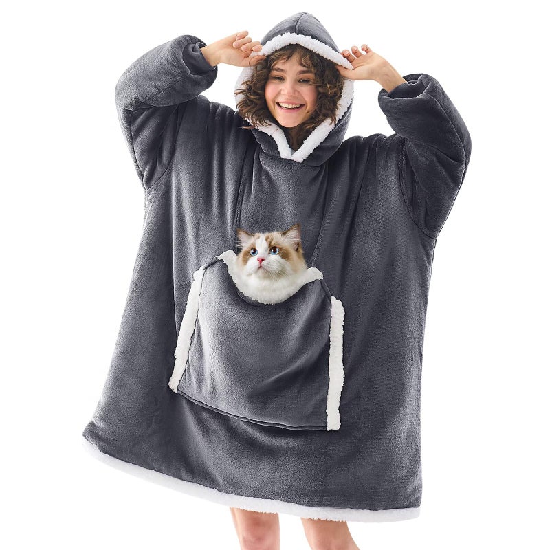 JOYWOO Wearable Blanket Hoodie Birthday Gifts for Women Men Mom Oversized Hooded Blanket for Adult Cozy Fuzzy Sherpa Sweatshirt Blanket with Giant Pocket and Winter Gifts Grey