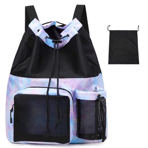 Lohol Mesh Drawstring Backpack with Seperate Shoes Bag, Swimming String Sack for Sports Gym Yoga Beach Travel (Galalxy Purple Blue) - Image 1
