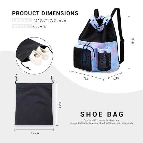 Lohol Mesh Drawstring Backpack with Seperate Shoes Bag, Swimming String Sack for Sports Gym Yoga Beach Travel (Galalxy Purple Blue) - Image 3