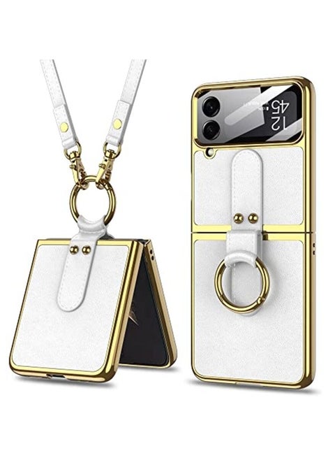 GOLDEN MASK Compatible With Samsung Galaxy Z Flip 4 Case with Ring, Light Luxury and Elegant Protective Cover (White)