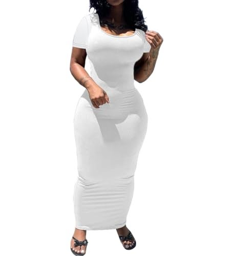 PINSV Women's Casual Bodycon Maxi Dress Summer Scoop Neck Short Sleeve Long Fitted Dresses Club Party White XL - Image 5