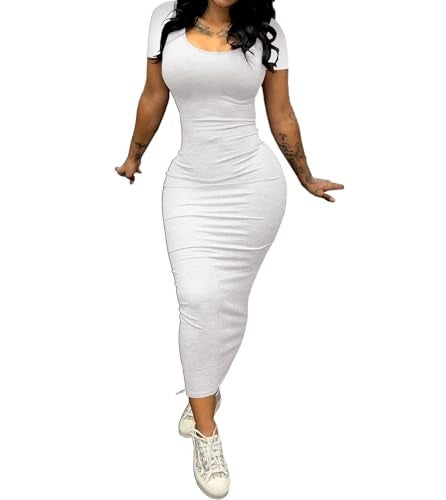 PINSV Women's Casual Bodycon Maxi Dress Summer Scoop Neck Short Sleeve Long Fitted Dresses Club Party White XL - Image 2
