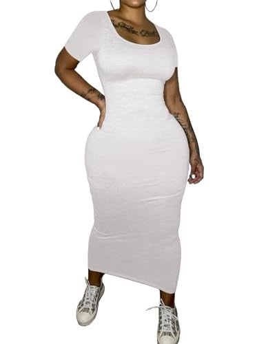 PINSV Women's Casual Bodycon Maxi Dress Summer Scoop Neck Short Sleeve Long Fitted Dresses Club Party White XL - Image 3