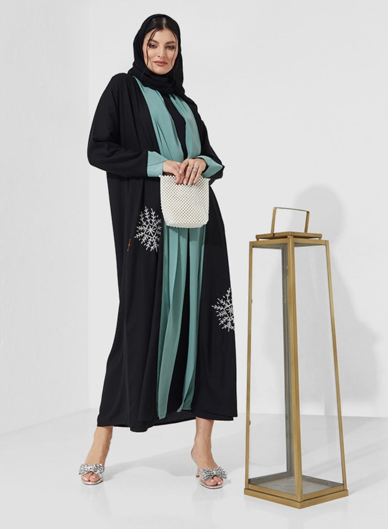 Rosette Abaya Abaya with Pistachio Color & Hand Embroidery - Image 1
