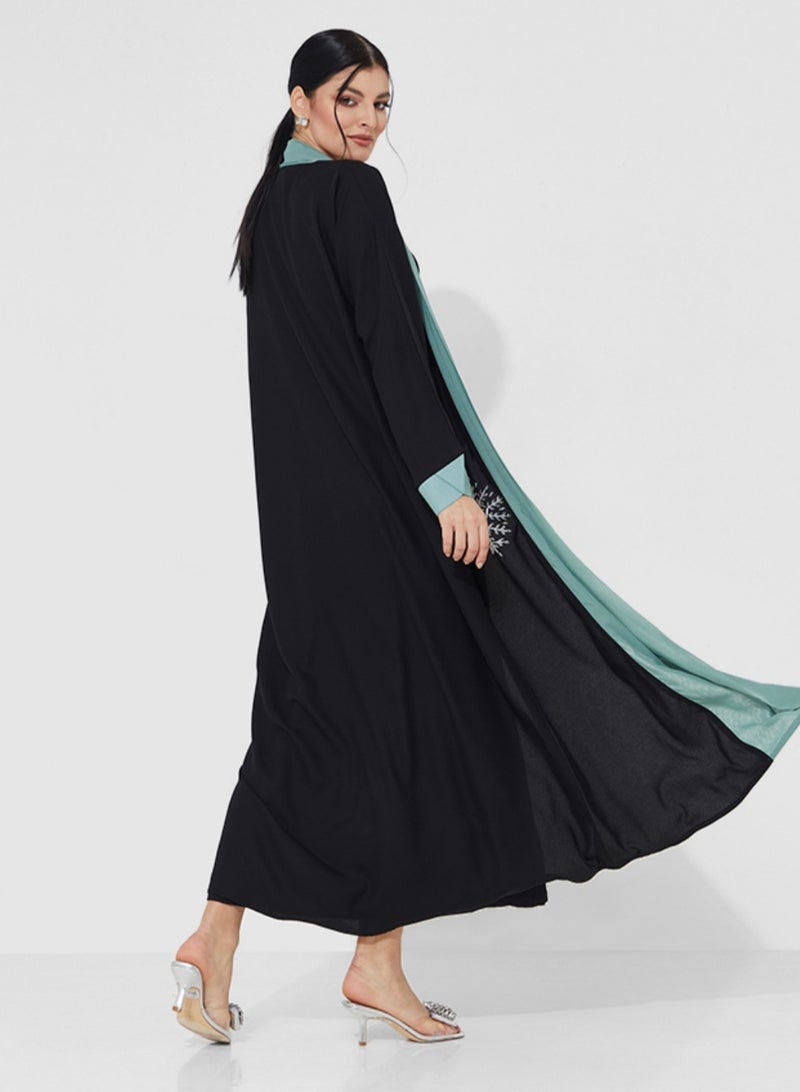 Rosette Abaya Abaya with Pistachio Color & Hand Embroidery - Image 3