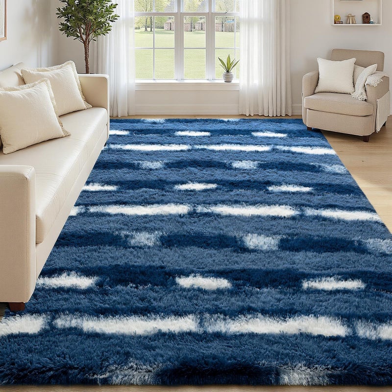 FALARK Shag Blue Striped Area Rug for Boys Room, 4x6 Feet Fluffy Soft Plush Rug for Kids Bedroom Decor, Indoor Non Slip Washable Carpet, Shaggy Carpets for Living Room, Playroom, Nursery - Image 4