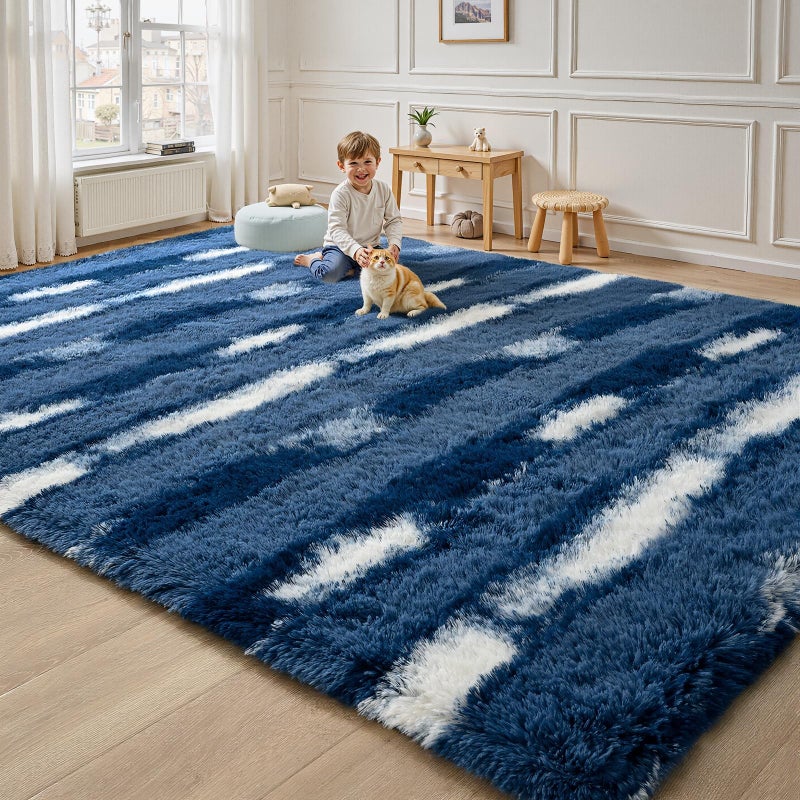 FALARK Shag Blue Striped Area Rug for Boys Room, 4x6 Feet Fluffy Soft Plush Rug for Kids Bedroom Decor, Indoor Non Slip Washable Carpet, Shaggy Carpets for Living Room, Playroom, Nursery - Image 2
