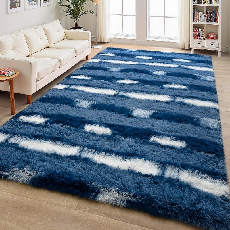 FALARK Shag Blue Striped Area Rug for Boys Room, 4x6 Feet Fluffy Soft Plush Rug for Kids Bedroom Decor, Indoor Non Slip Washable Carpet, Shaggy Carpets for Living Room, Playroom, Nursery - Image 5