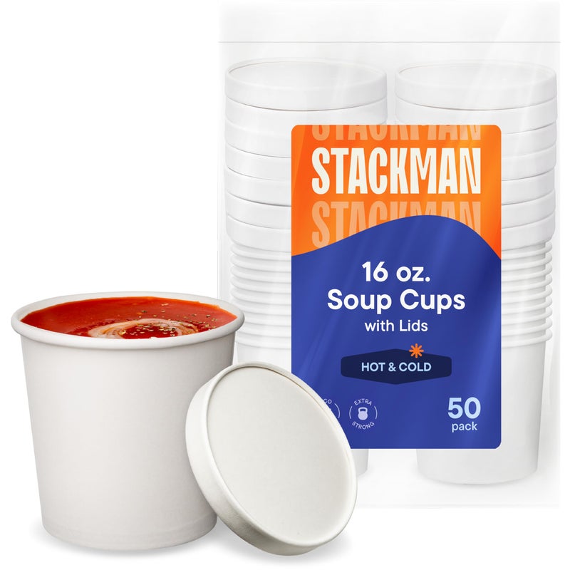 Stack Man 16 oz 50 Sets Paper Food Container with Lid Insulated Food Cups with Vented Lids Hot or Cold To Go Soup Cup for Soups Ice Cream and Yogurt EcoFriendly White
