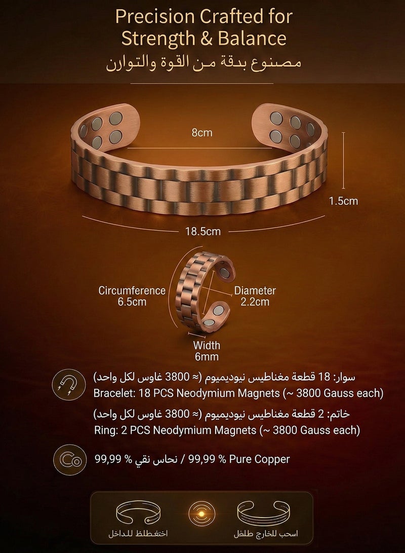 فوريكاسا سوار نحاسي نقي مغناطيسي للرجال – 18 مغناطيسًا مدمجًا – نحاس 99.99% – قابل للتعديل 17.5 سم × 1.5 سم – دعم التوازن المغناطيسي الوظيفي - Image 4