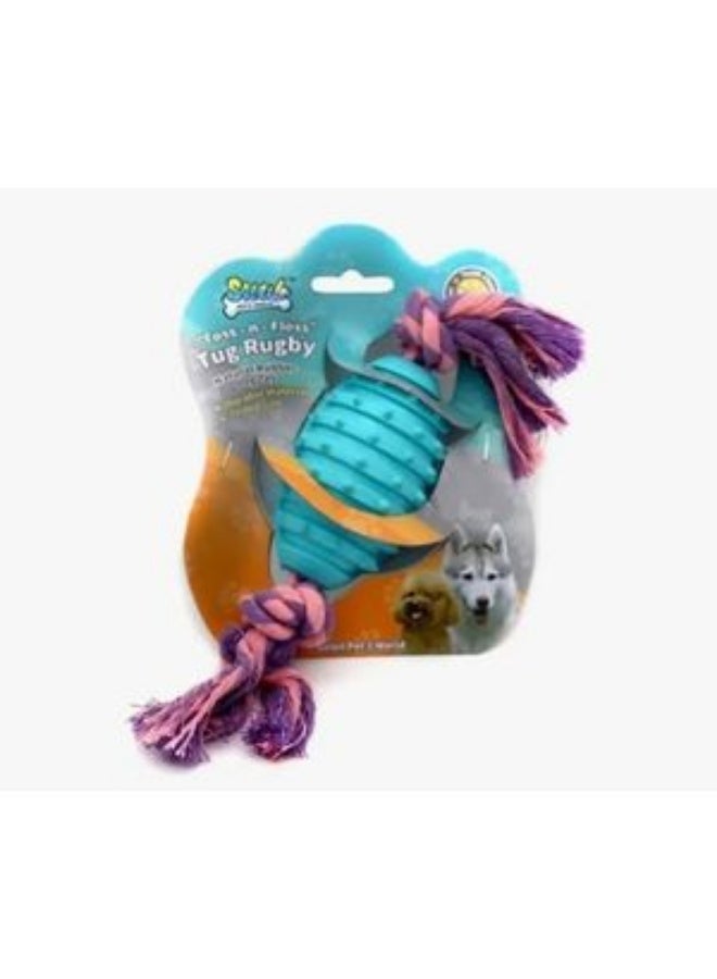 Toss-n-Floss Pink Rubber Rugby Ball Shaped Dog Tug Toy with Rope