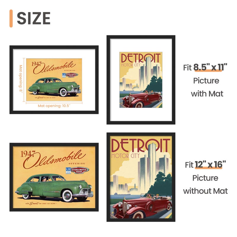 upsimples 12x16 Picture Frame, Display Pictures 8.5x11 with Mat or 12x16 Without Mat, Wall Hanging Photo Frame, Black, 1 Pack - Image 3