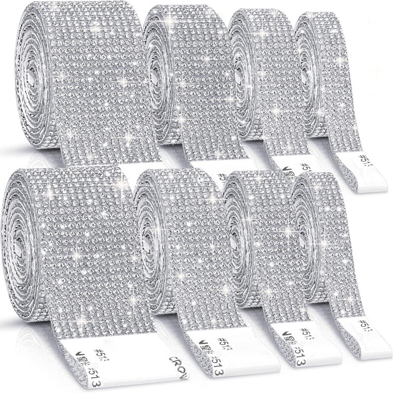 8 Rolls Rhinestone RibbonsCludoo 8 Yard Silver Self Adhesive Rhinestone Ribbon Bling Crystal Diamond Ribbon Roll Wrap Glittering Rhinestones Sticker for Decoration Car DIY Arts Crafts Wedding