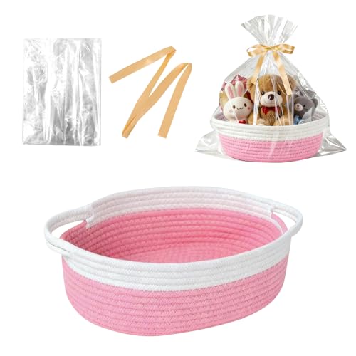 LWYMX Basket for Gifts Empty, Small Woven Basket with Bags and Ribbons, Baby Toy Baskets with Handles, Wicker Storage Bin for Baby Showers or Pet Toy (Pink, 1 Pack (12"x 8"x 3.74")) - Image 1