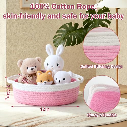 LWYMX Basket for Gifts Empty, Small Woven Basket with Bags and Ribbons, Baby Toy Baskets with Handles, Wicker Storage Bin for Baby Showers or Pet Toy (Pink, 1 Pack (12"x 8"x 3.74")) - Image 2