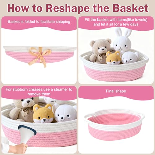 LWYMX Basket for Gifts Empty, Small Woven Basket with Bags and Ribbons, Baby Toy Baskets with Handles, Wicker Storage Bin for Baby Showers or Pet Toy (Pink, 1 Pack (12"x 8"x 3.74")) - Image 4