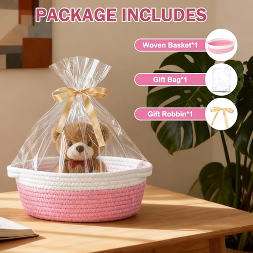 LWYMX Basket for Gifts Empty, Small Woven Basket with Bags and Ribbons, Baby Toy Baskets with Handles, Wicker Storage Bin for Baby Showers or Pet Toy (Pink, 1 Pack (12"x 8"x 3.74")) - Image 3