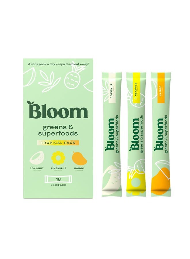 Bloom Nutrition أكياس مسحوق الخضروات الفائقة، إنزيمات هضمية مع بروبيوتيك وبريبايوتيك، صحة الأمعاء، تخفيف الانتفاخ للنساء، كلوريلا، مزيج عصير أخضر، 18 حصة، مجموعة استوائية - Image 1