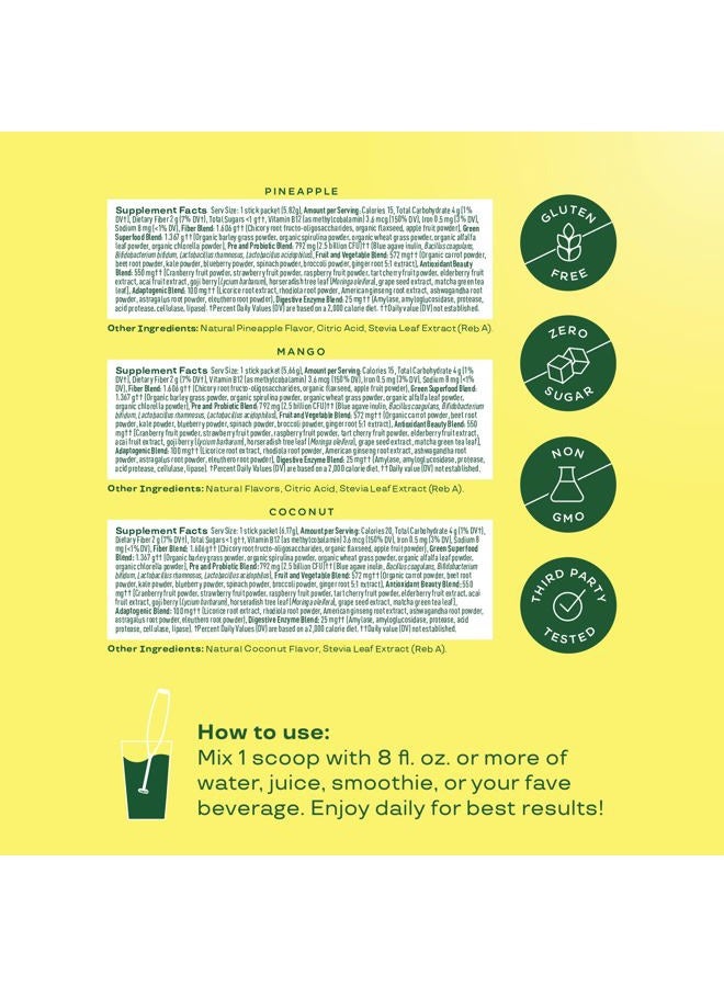 Bloom Nutrition أكياس مسحوق الخضروات الفائقة، إنزيمات هضمية مع بروبيوتيك وبريبايوتيك، صحة الأمعاء، تخفيف الانتفاخ للنساء، كلوريلا، مزيج عصير أخضر، 18 حصة، مجموعة استوائية - Image 4