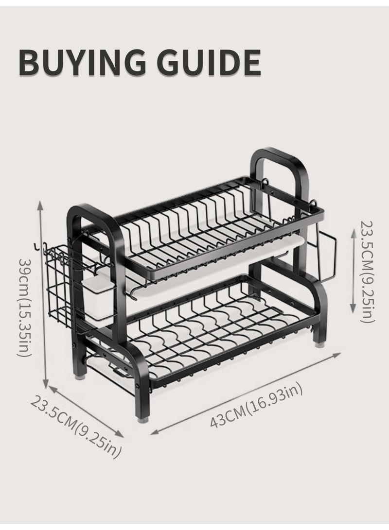 جيني جار رف تجفيف أطباق من طبقتين - رف أطباق من الفولاذ المقاوم للصدأ مع حاملات أدوات المائدة والأواني للمطبخ، تنظيم الحوض وتخزين الأساسيات، ديكور المنزل، 9.06 بوصة عرض × 12.99 بوصة طول × 15.35 بوصة ارتفاع، أسود - Image 4