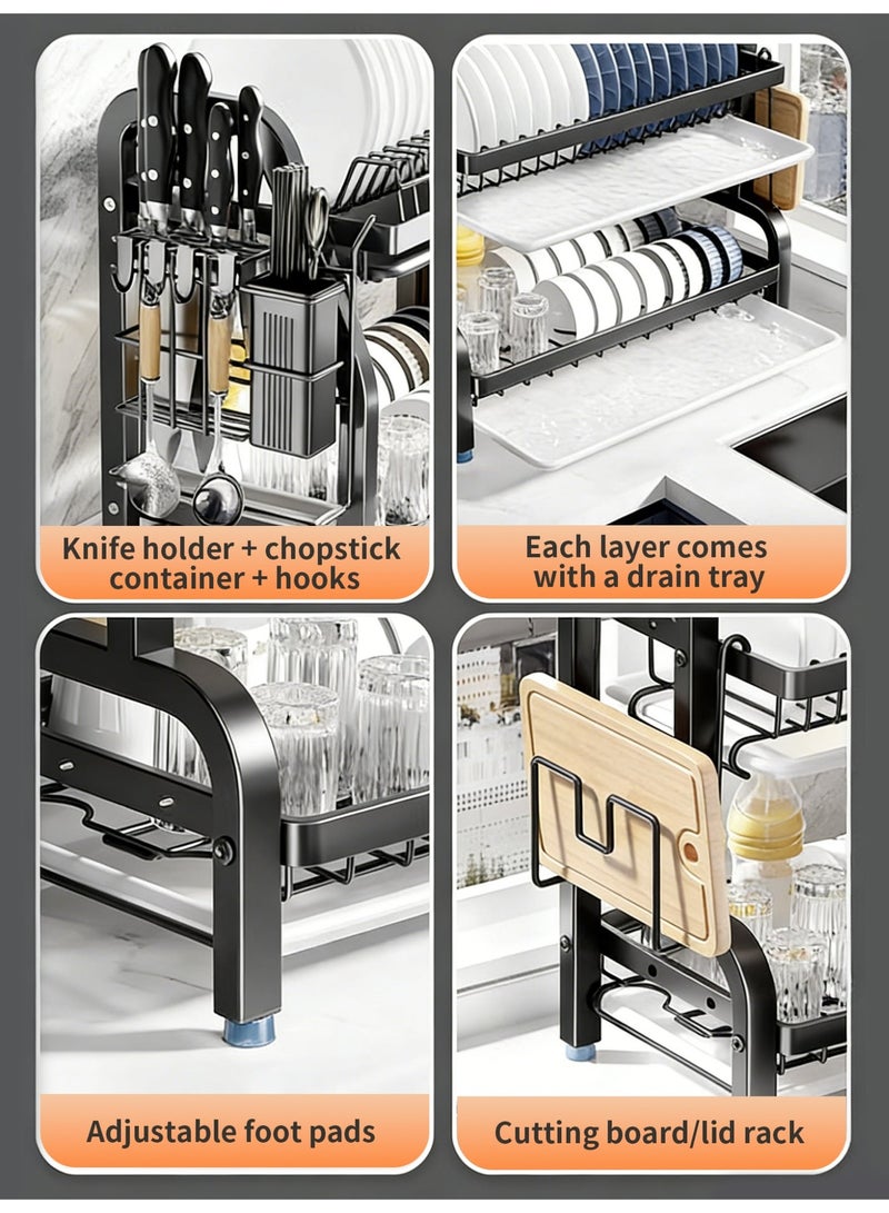 جيني جار رف تجفيف أطباق من طبقتين - رف أطباق من الفولاذ المقاوم للصدأ مع حاملات أدوات المائدة والأواني للمطبخ، تنظيم الحوض وتخزين الأساسيات، ديكور المنزل، 9.06 بوصة عرض × 12.99 بوصة طول × 15.35 بوصة ارتفاع، أسود - Image 3