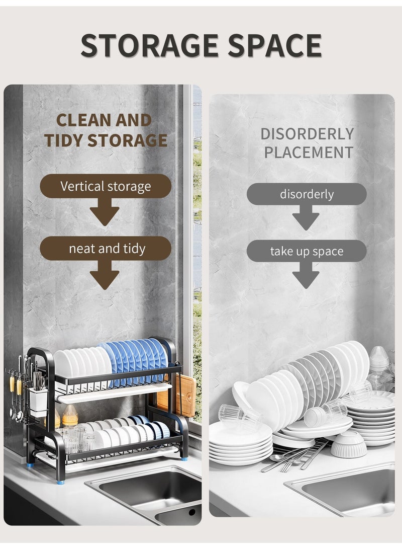 جيني جار رف تجفيف أطباق من طبقتين - رف أطباق من الفولاذ المقاوم للصدأ مع حاملات أدوات المائدة والأواني للمطبخ، تنظيم الحوض وتخزين الأساسيات، ديكور المنزل، 9.06 بوصة عرض × 12.99 بوصة طول × 15.35 بوصة ارتفاع، أسود - Image 2