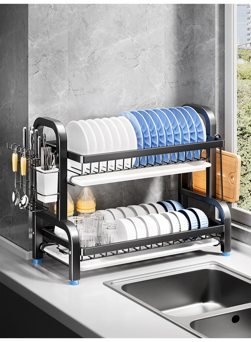 جيني جار رف تجفيف أطباق من طبقتين - رف أطباق من الفولاذ المقاوم للصدأ مع حاملات أدوات المائدة والأواني للمطبخ، تنظيم الحوض وتخزين الأساسيات، ديكور المنزل، 9.06 بوصة عرض × 12.99 بوصة طول × 15.35 بوصة ارتفاع، أسود - Image 1
