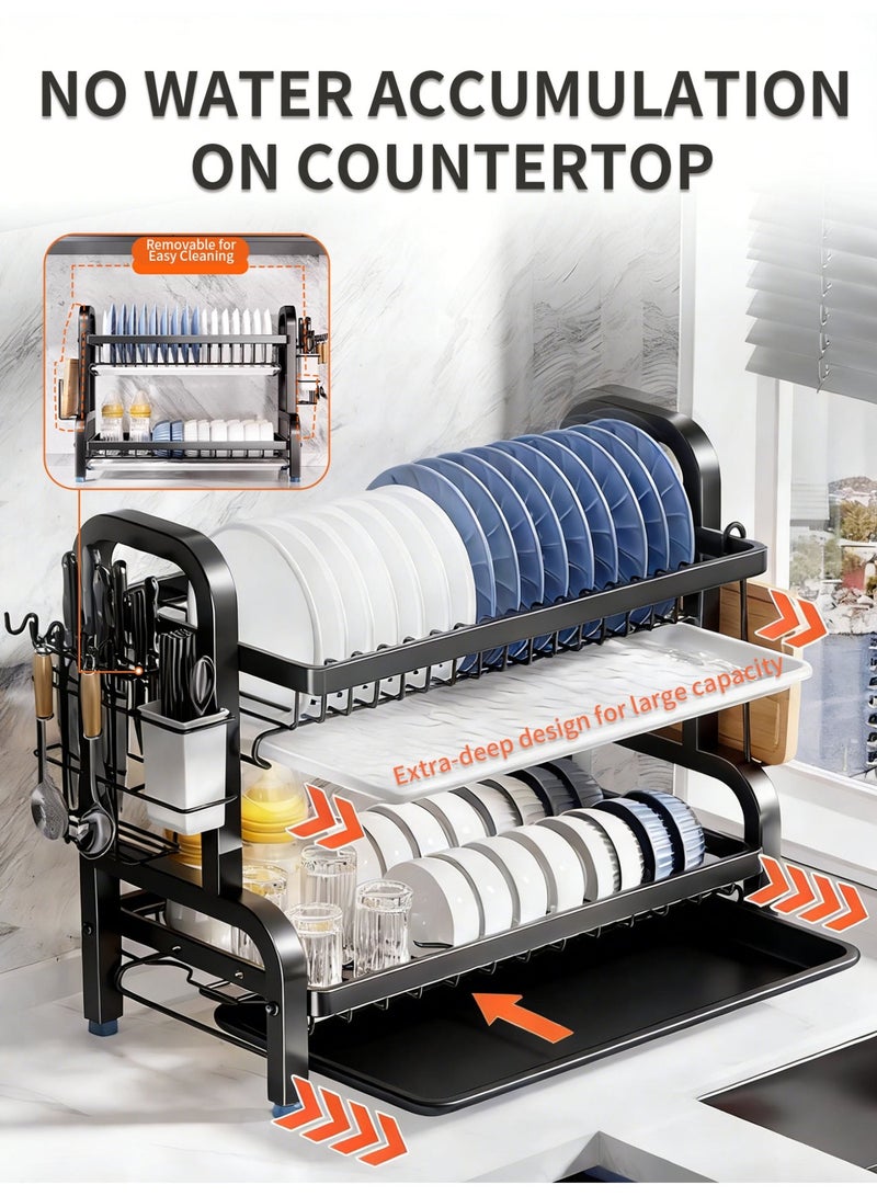 جيني جار رف تجفيف أطباق من طبقتين - رف أطباق من الفولاذ المقاوم للصدأ مع حاملات أدوات المائدة والأواني للمطبخ، تنظيم الحوض وتخزين الأساسيات، ديكور المنزل، 9.06 بوصة عرض × 12.99 بوصة طول × 15.35 بوصة ارتفاع، أسود - Image 5