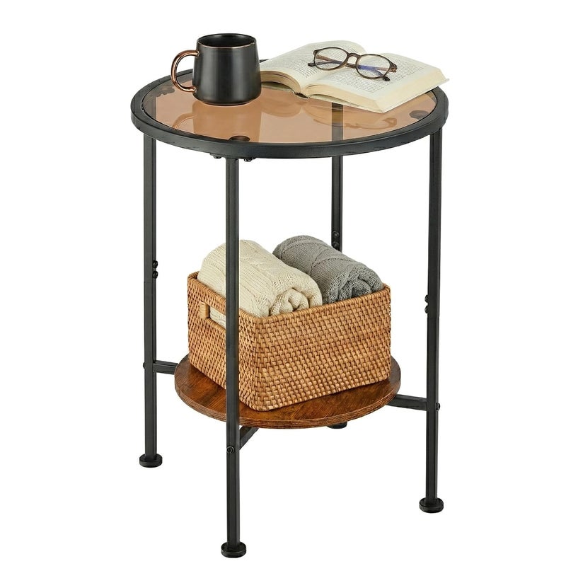 ZEXVIDA Tempered Glass Side Table with Storage Shelf for Small Spaces,16.15" 2 Tier Round Glass End Table, Small Side Table with Storageâ€‹ for Living Room,Round Bedside Table for Bedroom (Black) - Image 1