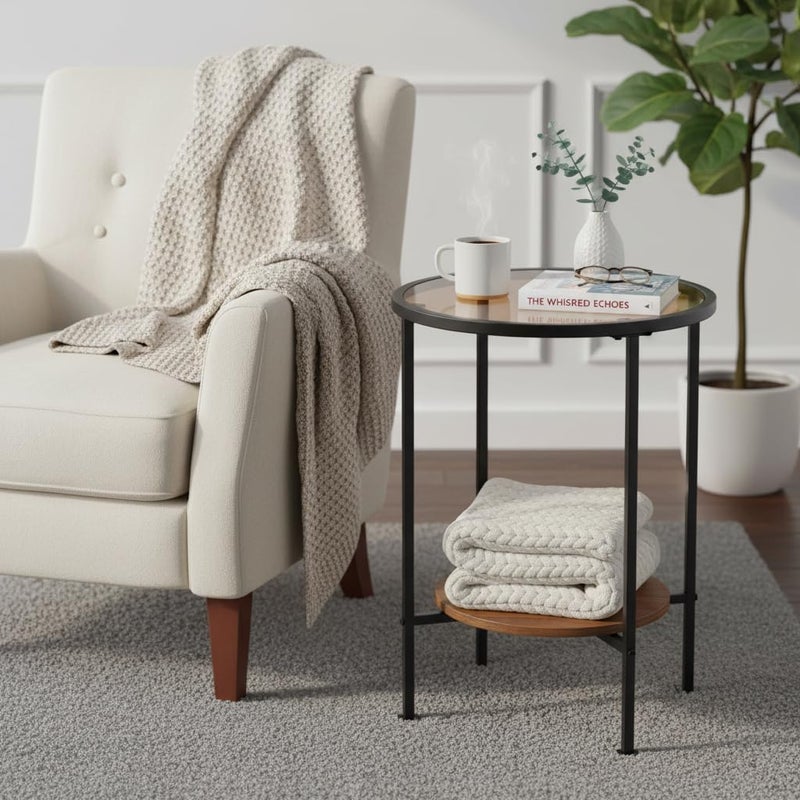 ZEXVIDA Tempered Glass Side Table with Storage Shelf for Small Spaces,16.15" 2 Tier Round Glass End Table, Small Side Table with Storageâ€‹ for Living Room,Round Bedside Table for Bedroom (Black) - Image 2