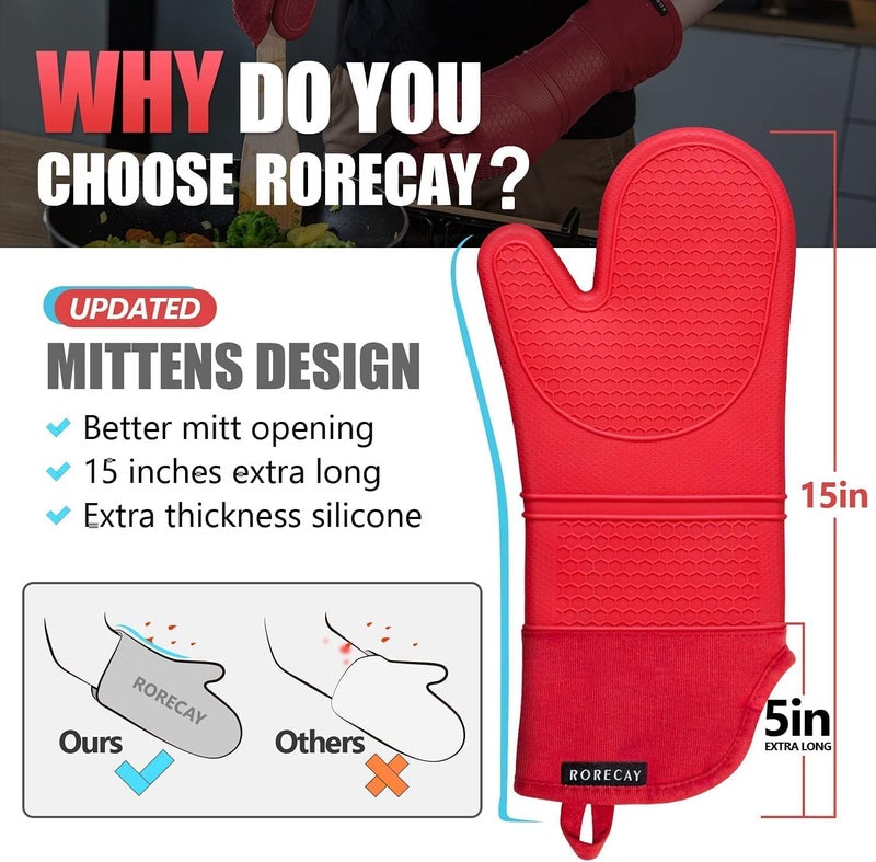 Rorecay Extra Long Oven Mitts and Pot Holders Sets: Heat Resistant Silicone Oven Mittens with Mini Oven Gloves Hot Pads Potholders for Kitchen Baking Cooking  Quilted Liner  Pack of 6 (Bright Red) - Image 2
