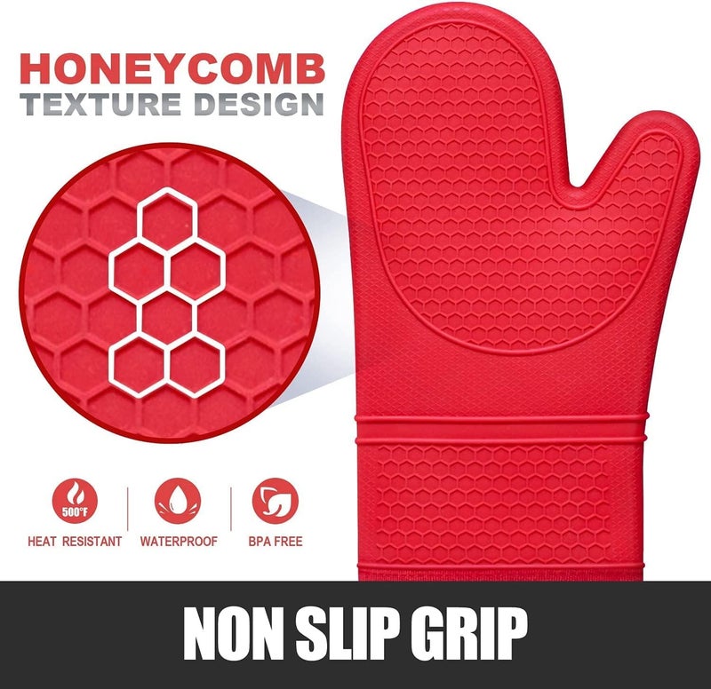 Rorecay Extra Long Oven Mitts and Pot Holders Sets: Heat Resistant Silicone Oven Mittens with Mini Oven Gloves Hot Pads Potholders for Kitchen Baking Cooking  Quilted Liner  Pack of 6 (Bright Red) - Image 3