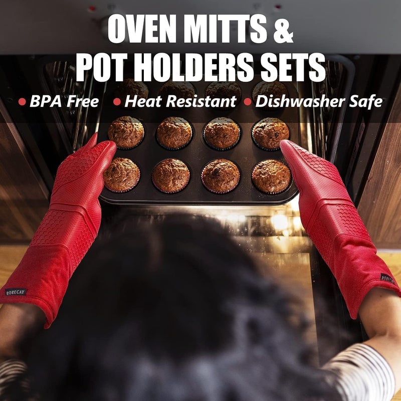 Rorecay Extra Long Oven Mitts and Pot Holders Sets: Heat Resistant Silicone Oven Mittens with Mini Oven Gloves Hot Pads Potholders for Kitchen Baking Cooking  Quilted Liner  Pack of 6 (Bright Red) - Image 5