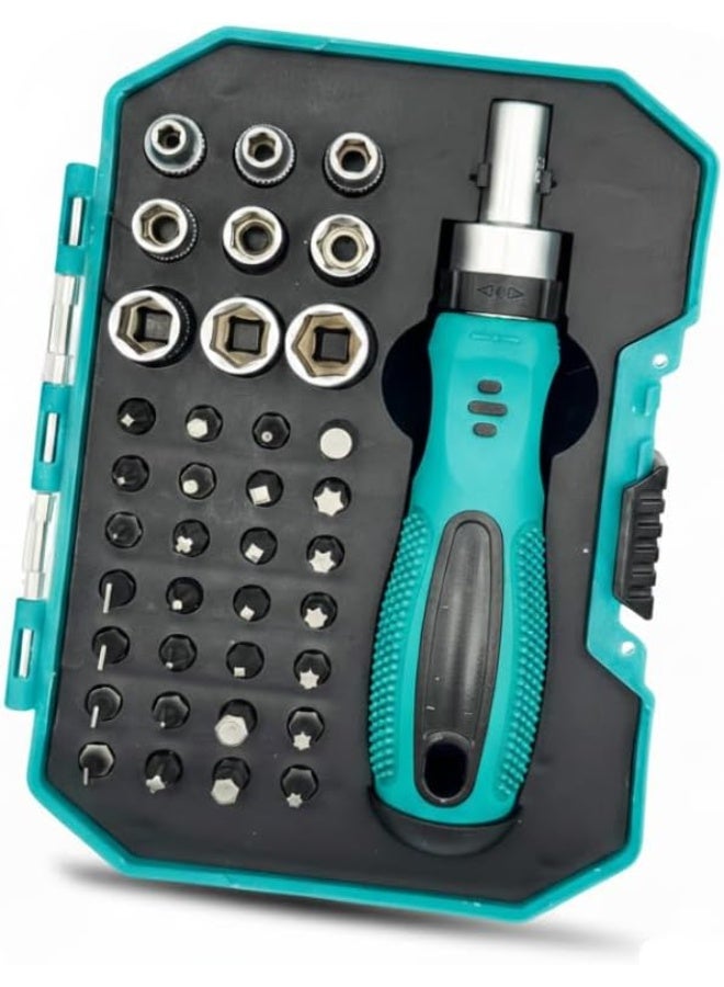 Giffex 38-Piece Ratchet Driver Socket & Bit Set, Multi-Purpose Hand Tool Kit with Ergonomic Handle, Metric Sockets & Assorted Bits for Home, Auto & DIY Repair