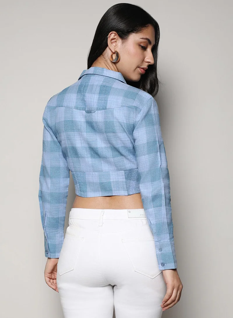 Pinacolada Women's Sky Blue Buffallo Check Cinched Cropped Shirt Women's Blue Buffallo Check Cinched Cropped Shirt for Women | Best Price UAE