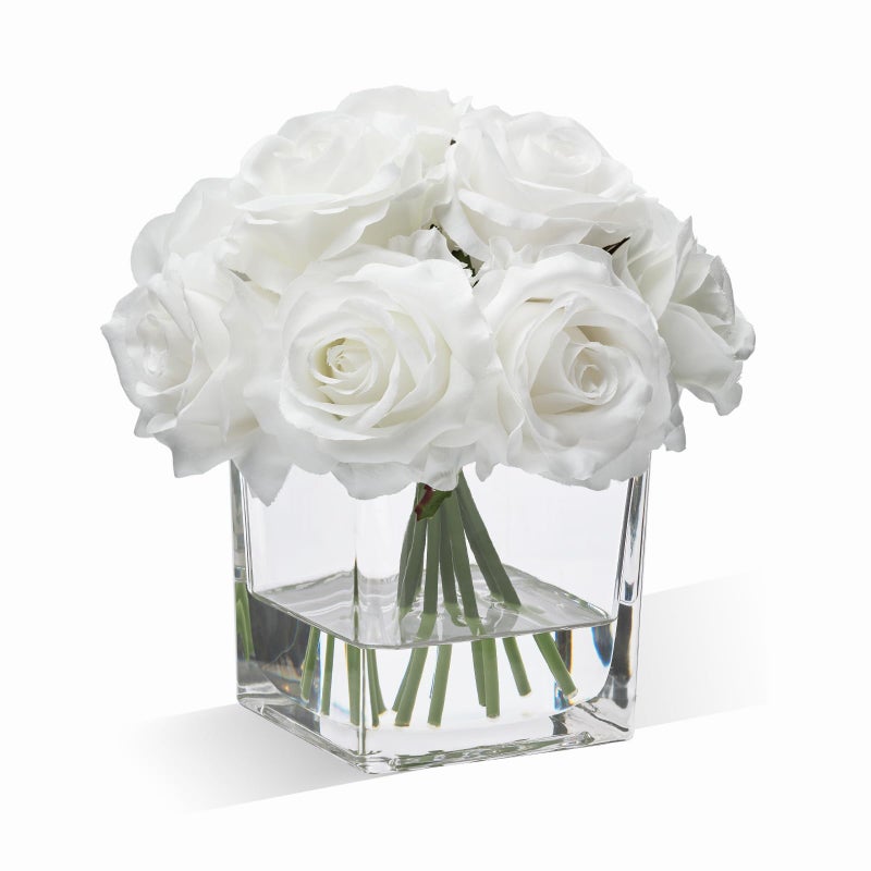 WELL KNOWN Rose Artificial Flowers in Vase with Faux Water, Ivory White Silk Rose Table Centerpieces for Home Coffee Table Decor, Fake Roses Flower Arrangements for Office Hotel Lavatory Decor - Image 1