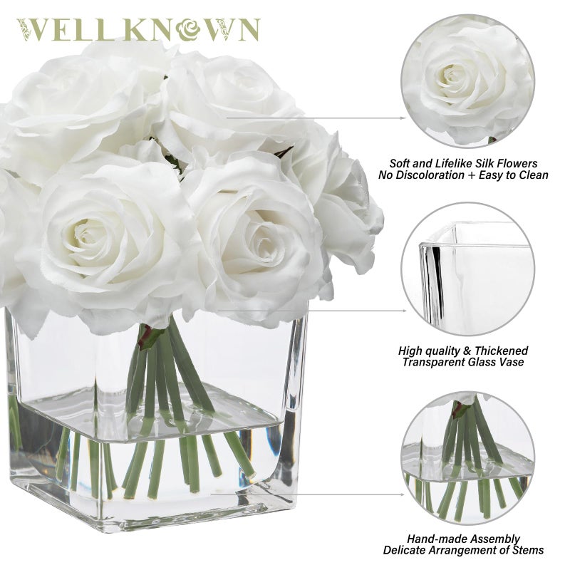WELL KNOWN Rose Artificial Flowers in Vase with Faux Water, Ivory White Silk Rose Table Centerpieces for Home Coffee Table Decor, Fake Roses Flower Arrangements for Office Hotel Lavatory Decor - Image 2