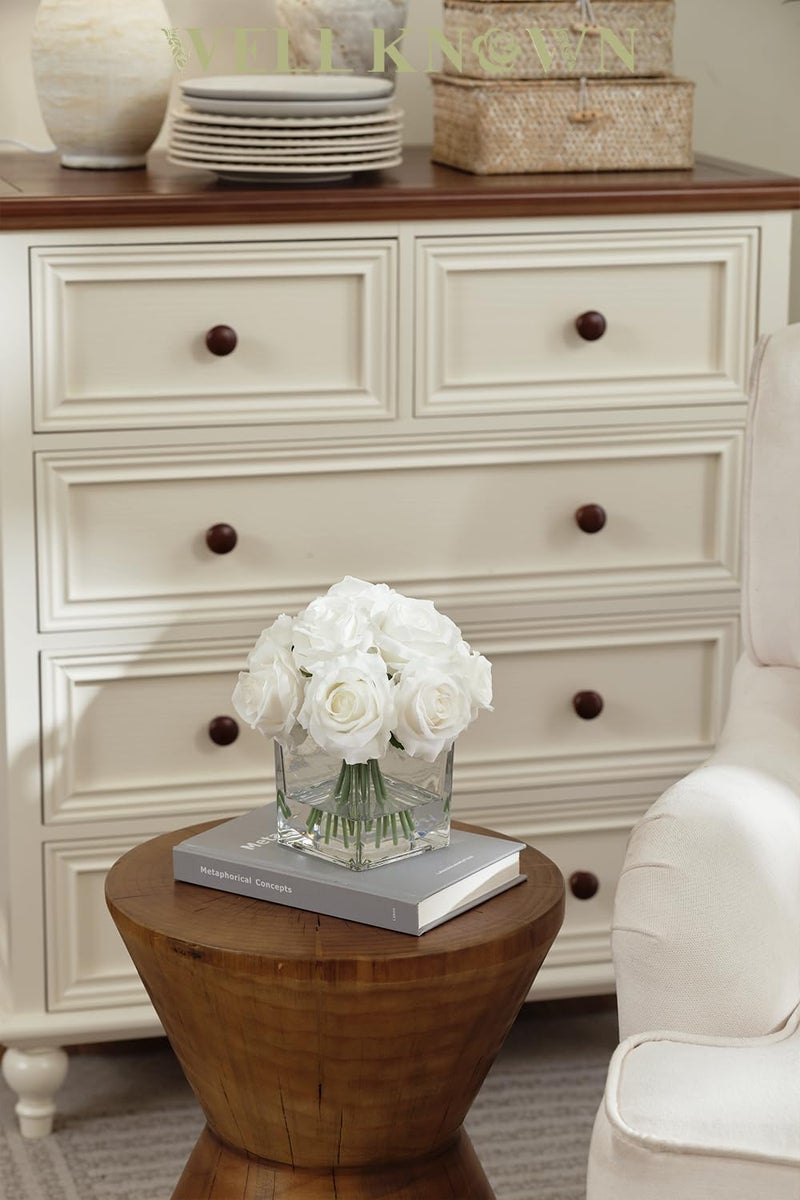 WELL KNOWN Rose Artificial Flowers in Vase with Faux Water, Ivory White Silk Rose Table Centerpieces for Home Coffee Table Decor, Fake Roses Flower Arrangements for Office Hotel Lavatory Decor - Image 5