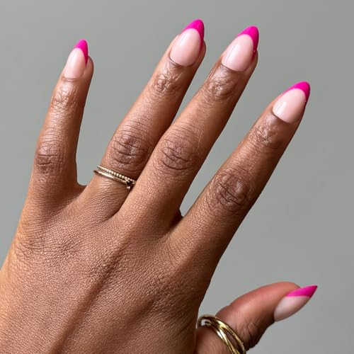 Glamnetic Press On Nails - Raspberry Sorbet | Semi-Transparent Dark Pink Magenta French Tip Short Almond Fake Nails in a Glossy Finish, Salon Quality | 15 Sizes - 30 Nail Kit - Image 1