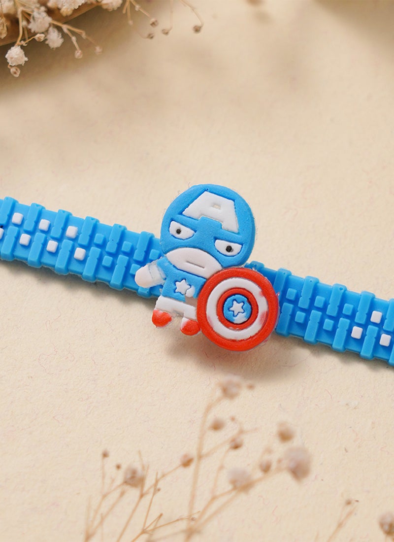 Madhoor Captain America Zipper Kids Rakhi Blue Designer Raksha Bandhan Thread ,Premium Handmade ,1 Piece-18 CM - Image 1